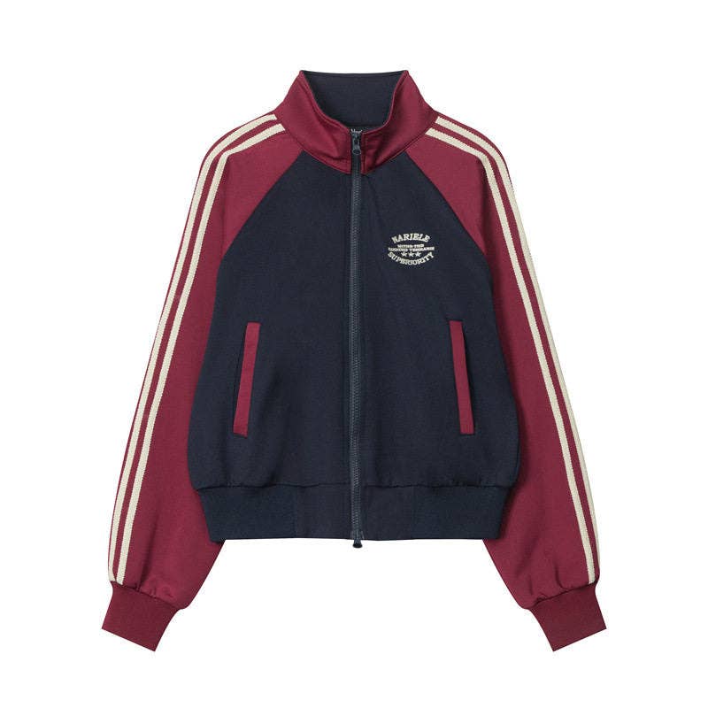 Color Block Striped Short Jacket With Stand Collar (Creme & Black)