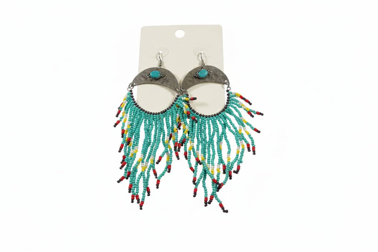 Seed Bead—tTrquoise- & circular Fringe drop: Moon Shaped Seedbead Earrings