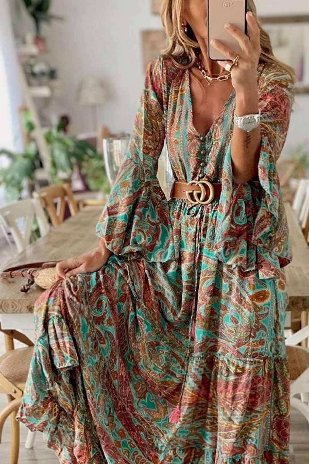 Montana B0HO V-Neck, Comfy-Wear Dress (Turquoise & Rust)