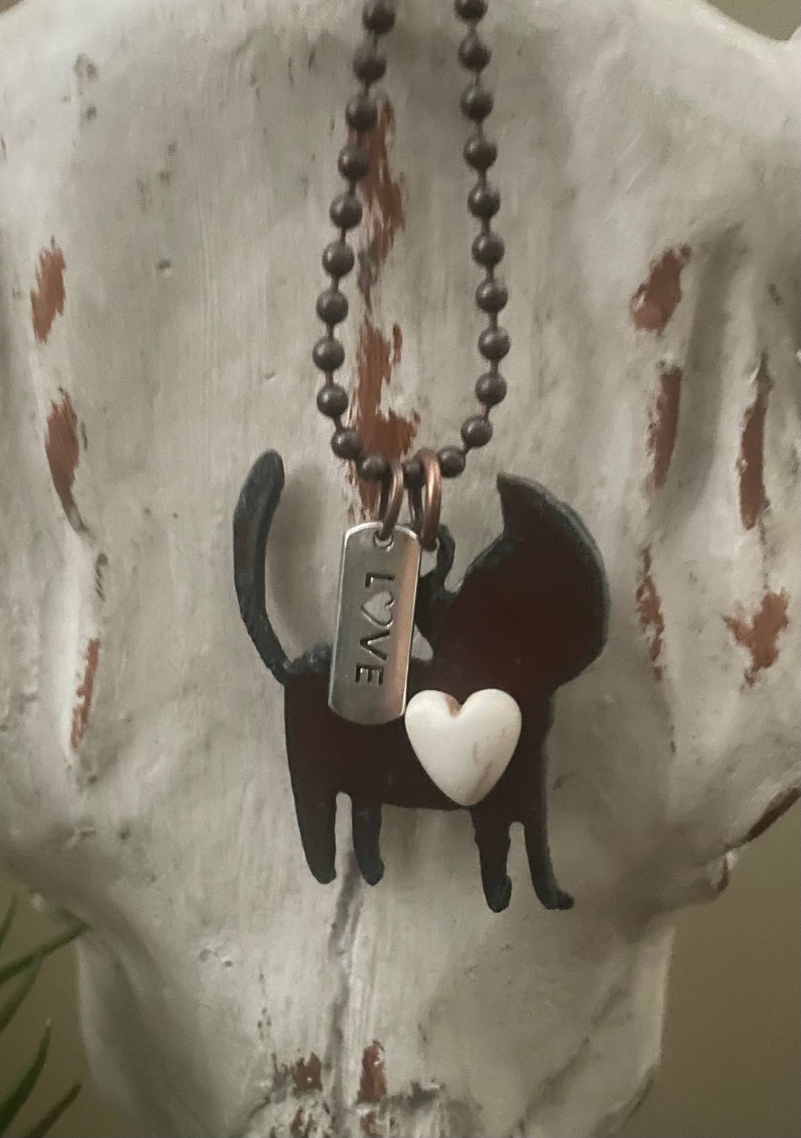 Rustic CAT Necklace with Love charm white heart cabochon