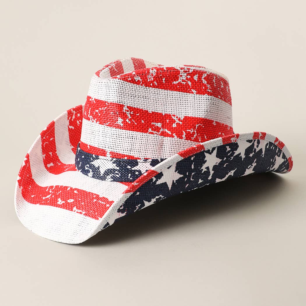 Vintage Americana Stars Stripes Straw Cowboy Hat (Red Theme)