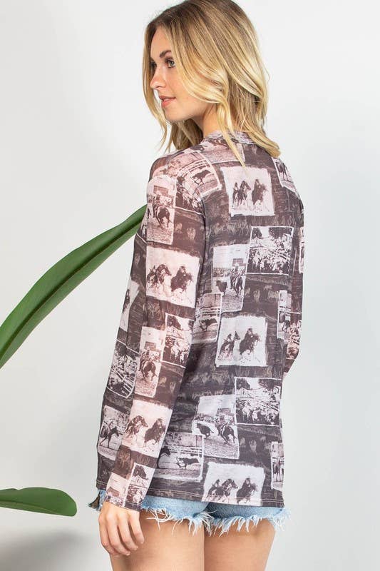 Montana Boho Western Spirit Fashion: WESTERN RODEO PRINT SEMI SHEER MESH TOP