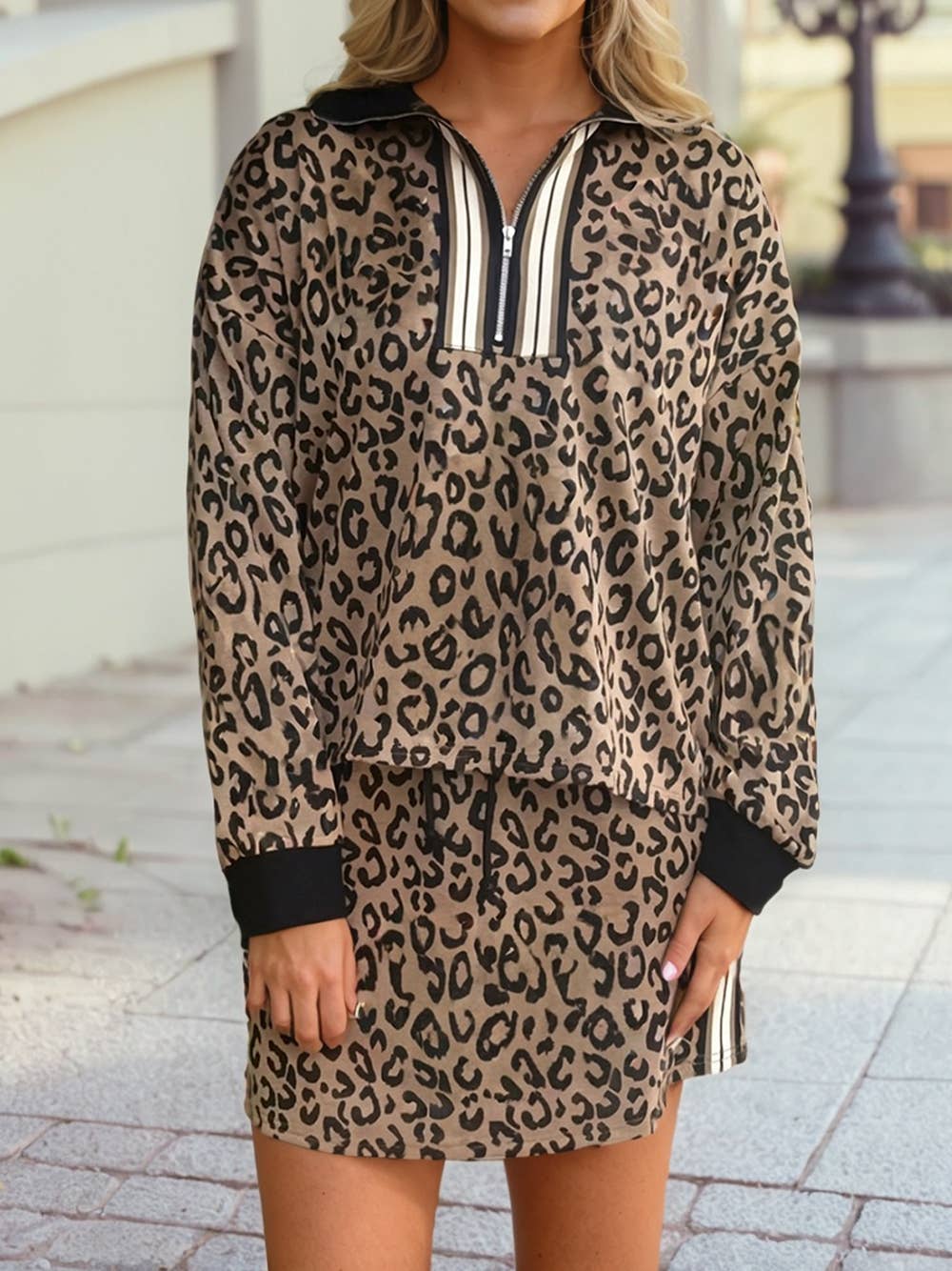 Casual Wanderer COMFY Series: Leopard Zip Long Sleeve Top Drawstring Mini Skirt 2pcs Set