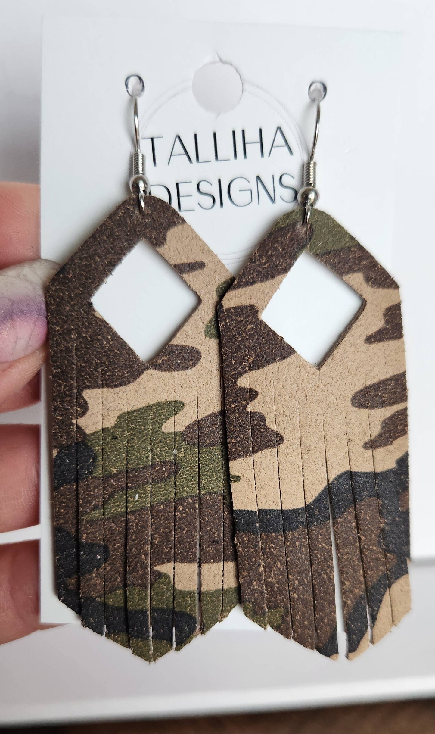 Camouflage Genuine Leather Boho Western Fringe Earrings: Montana Boho Western Spirit Jewelry: