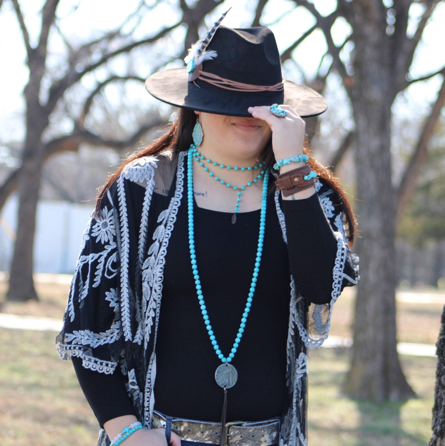 Double Strand Lariat Blue Turquoise Necklace w/ Copper Feather —Montana Boho Western Spirit Jewelry