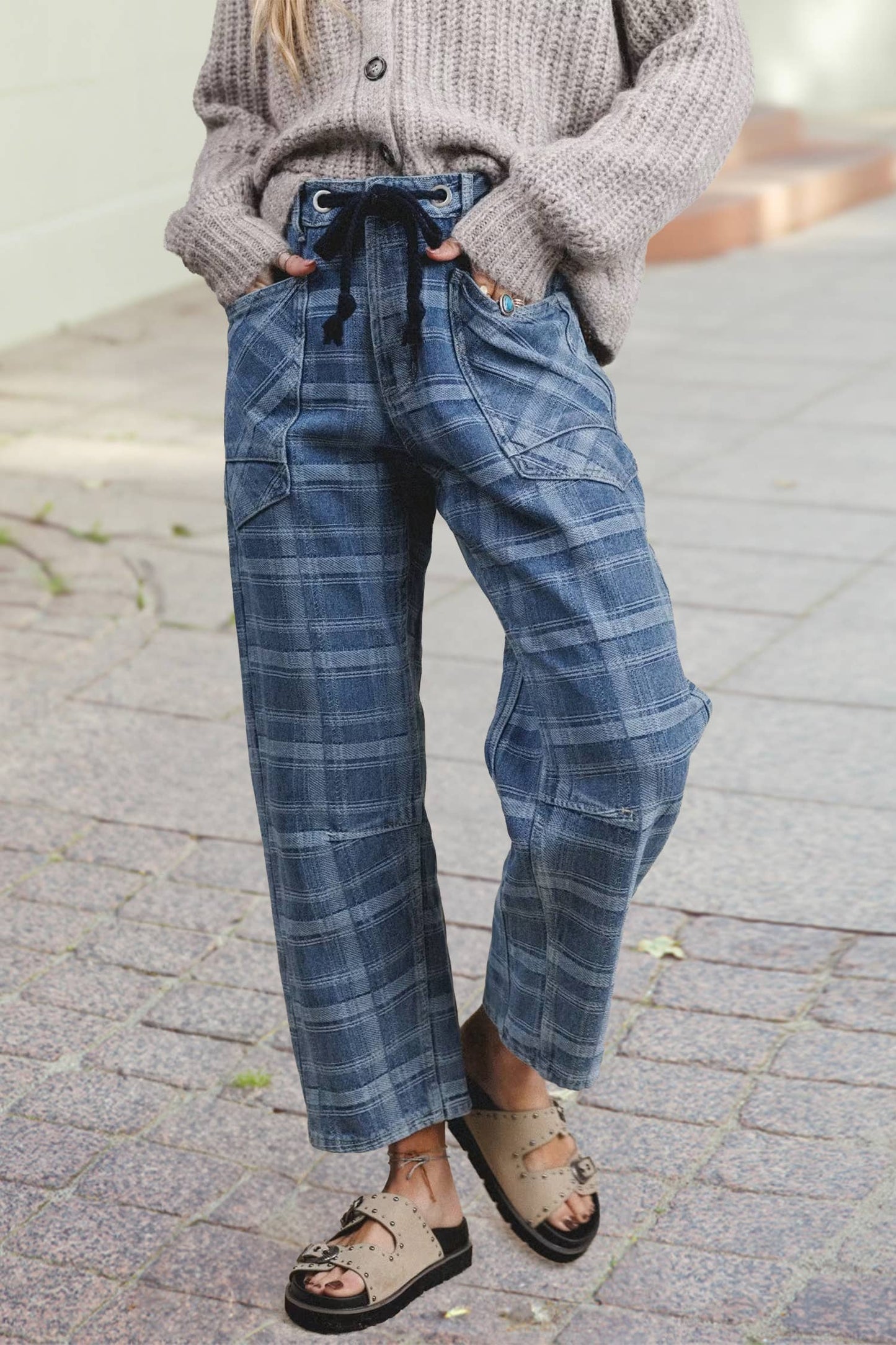 Plaid Print Drawstring Waist Wide Leg Denim Pants