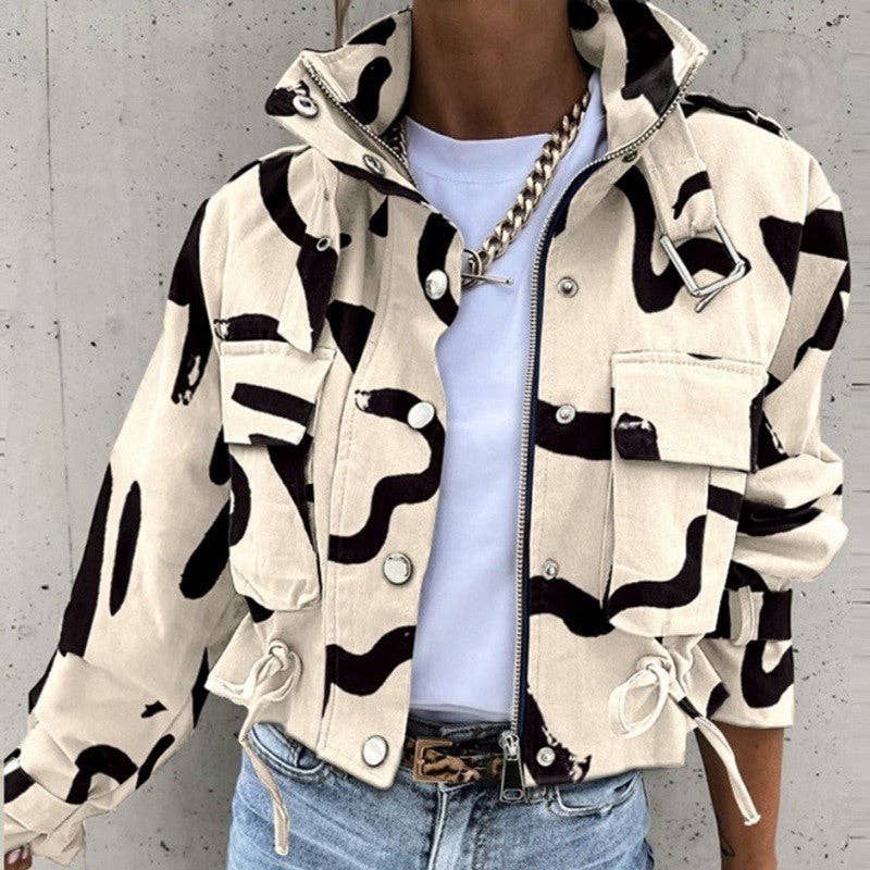 Jacket: Printed Zip-Up Drawstring Short Jacket (Runway Hit)—Creme & Black