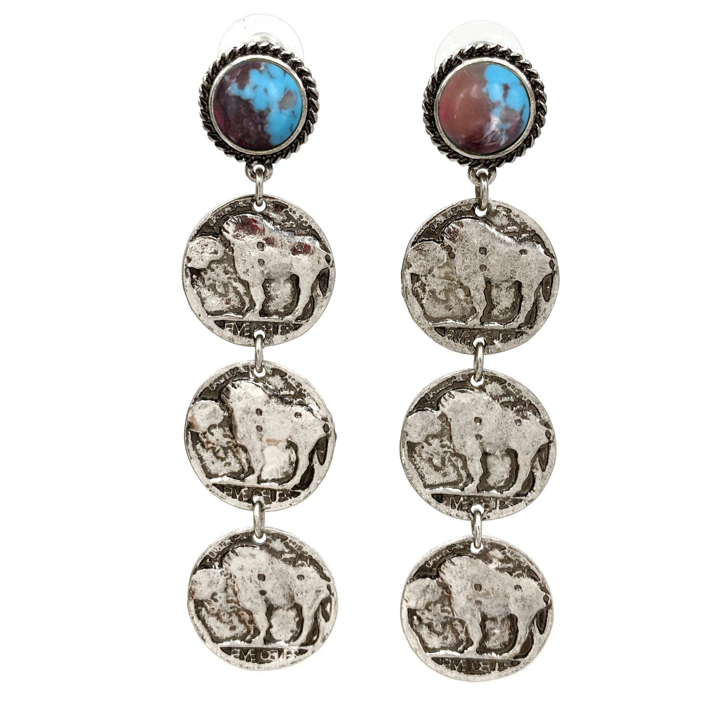 Montana Boho/Western Spirit Jewelry: Buffalo Three Coin Turquoise Stud Earrings