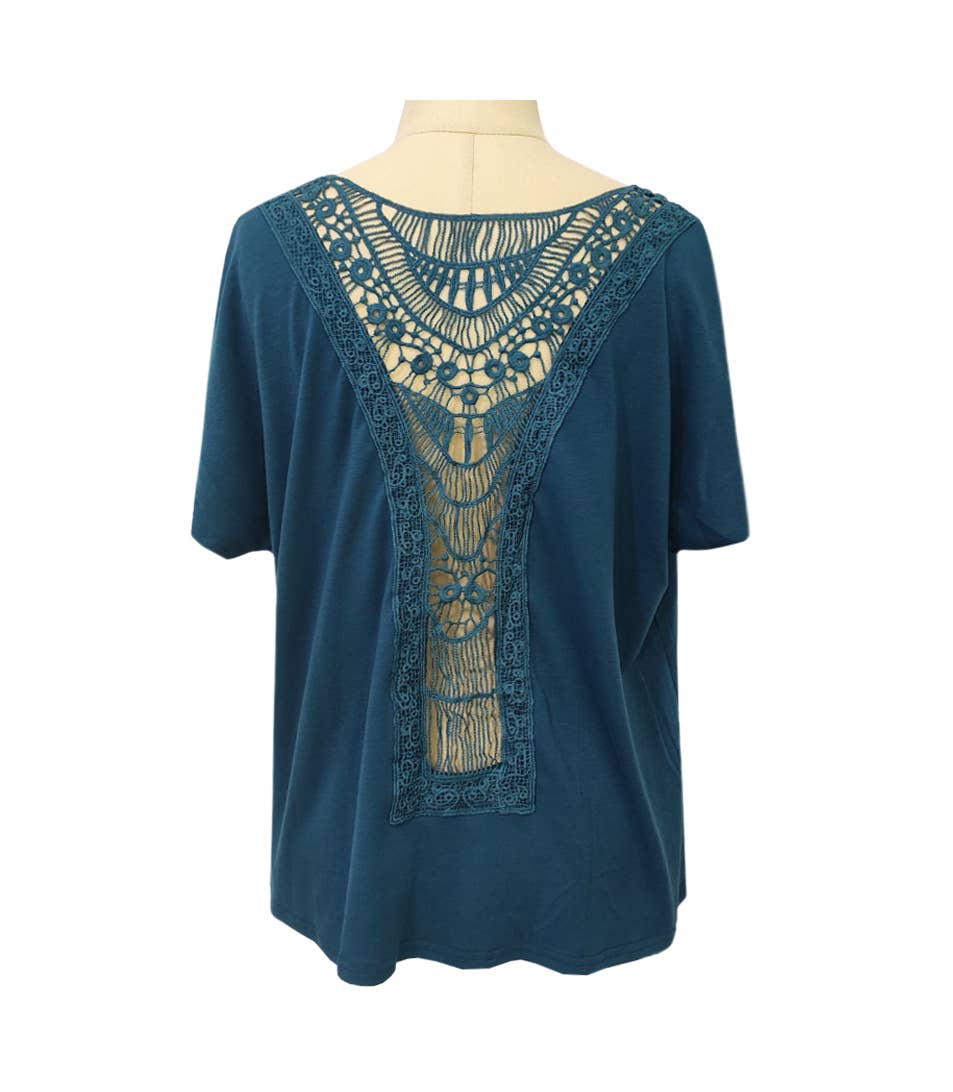 Backless Crochet Short-Sleeve T-Shirt Top— FREE SPIRIT DREAMER Series: Boho & Free-People loving styles.