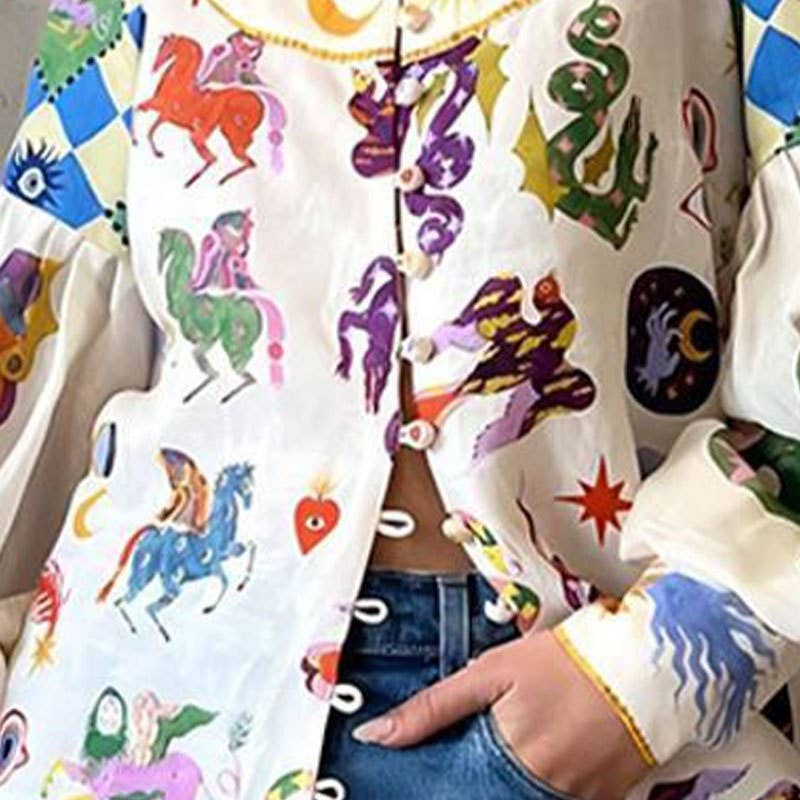 FREE SPIRIT DREAMER Series: Loose Casual Cartoon Printed Lapel Long Sleeve Shirt