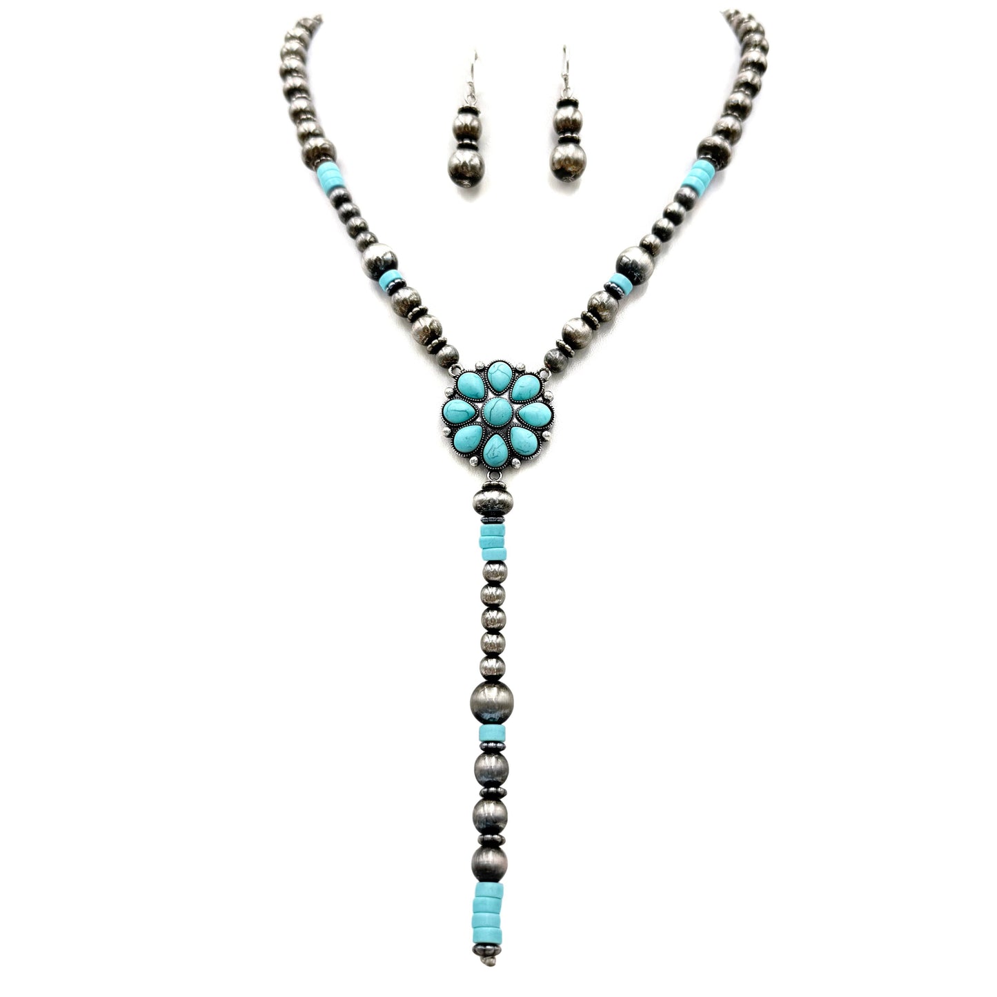 Montana Boho/Western Spirit Jewerly :Flower Navajo Style Tie Necklace Earrings Set