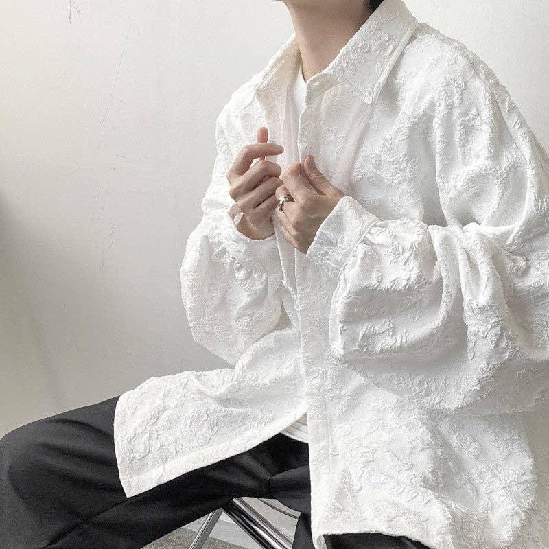Embossed Pleated Long Sleeve Shirt Soft White (Embossed Lace)