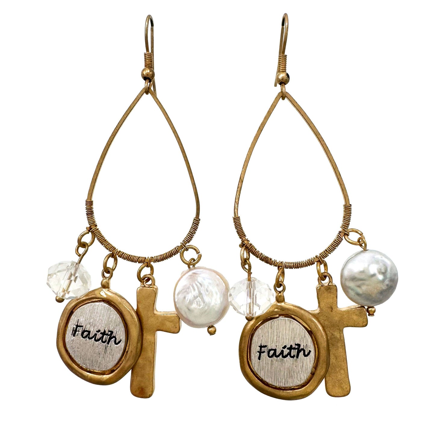 Western Spirit Jewelry: Faith Hope Cross Pearl Charms Teardrop Earrings