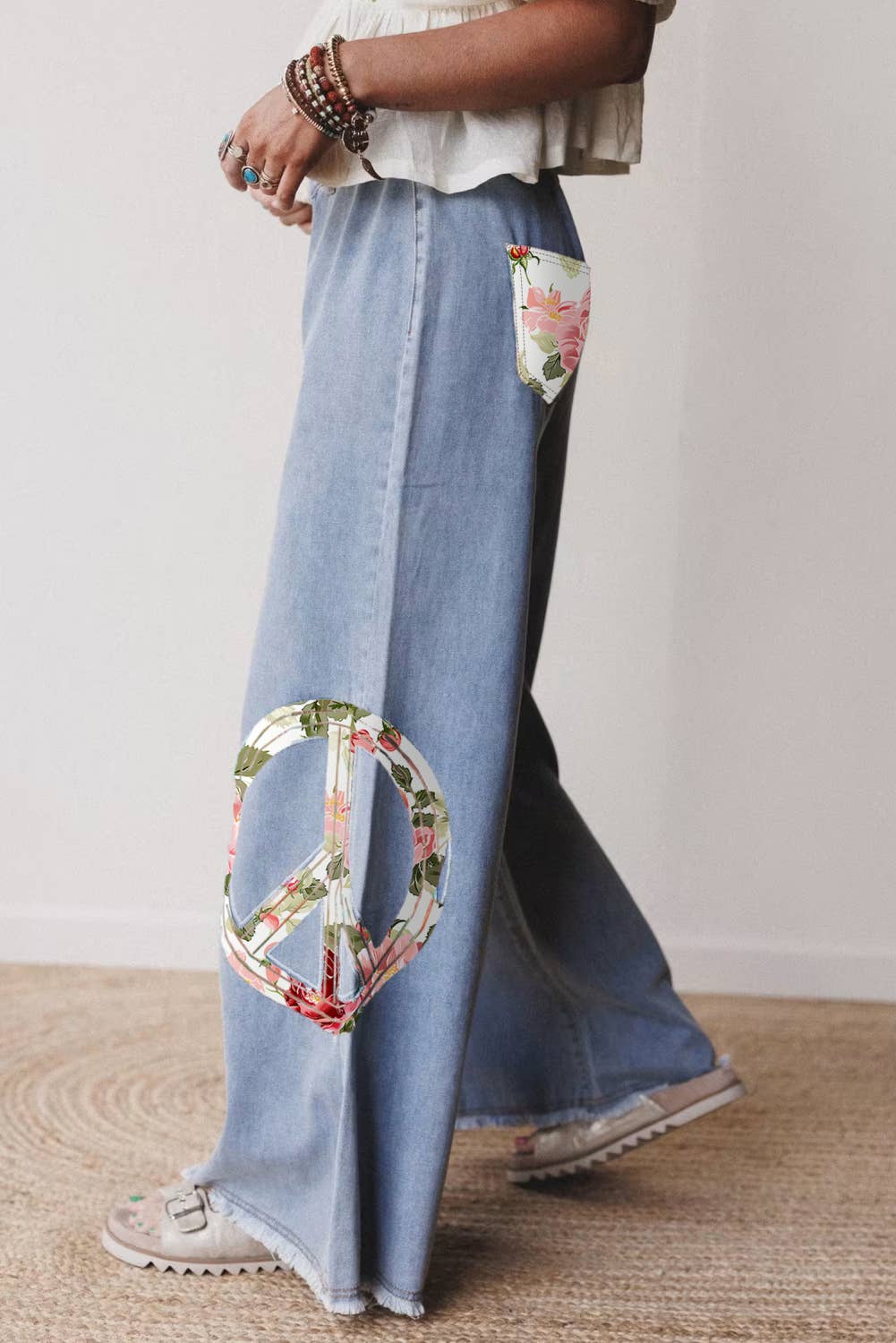 Floral Peace Sign Embroidered Patch Wide Leg Jeans: FREE SPIRIT DREAMER Series: Boho & Free-People loving styles.