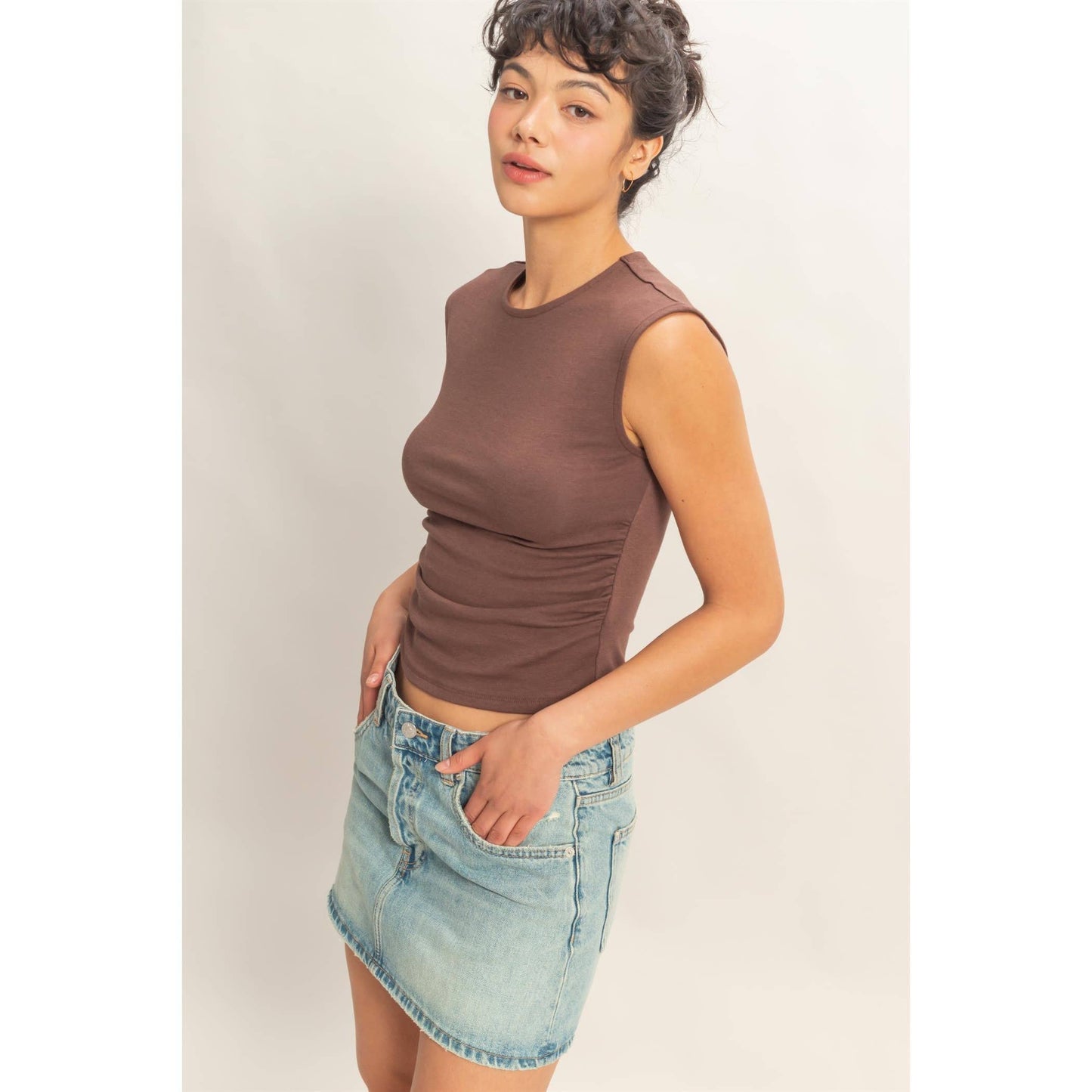 Ruched Waist Cap Sleeve Top