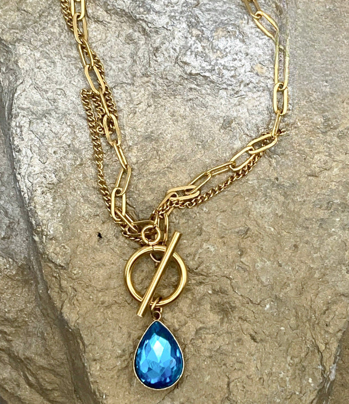 "Ripples of YELLOWSTONE" Jewelry: Gold Double Strand Toggle Necklace with Crystal Teardrop