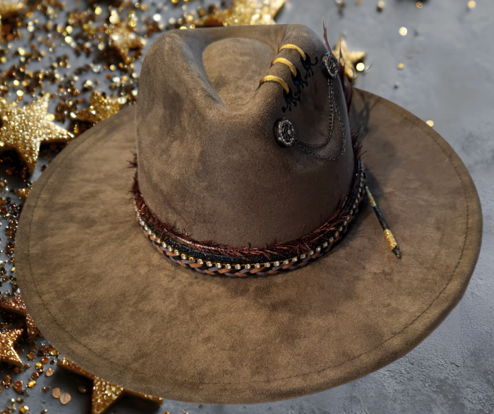 The 406 Mad Hattie. Meet, "Bee's Knees". (Olive, Suede, Wide-Brim, Adornments)