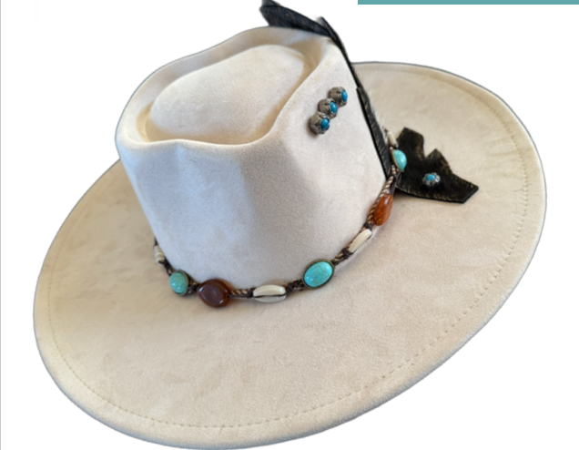 The 406 Mad Hattie. Meet "Fancy Rider" (Creme, Heat-Dome, Cowhide Feather, Turquoise, Fedora)