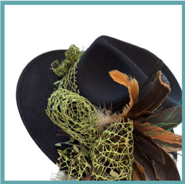 The 406 Mad Hattie. Meet "Fern Gully" (Black, Fedora, Organic Band, Feathers)