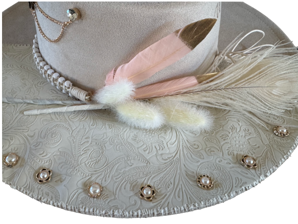 The 406 Mad Hattie. Meet "Freya: (Creme, Leather, Pearl, Jeweled, Wide-Brim Fedora)