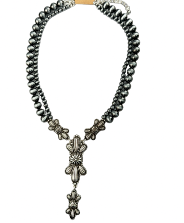 Montana Boho Western Spirit Jewelry: Navajo pearl necklace w/butterfly conchos