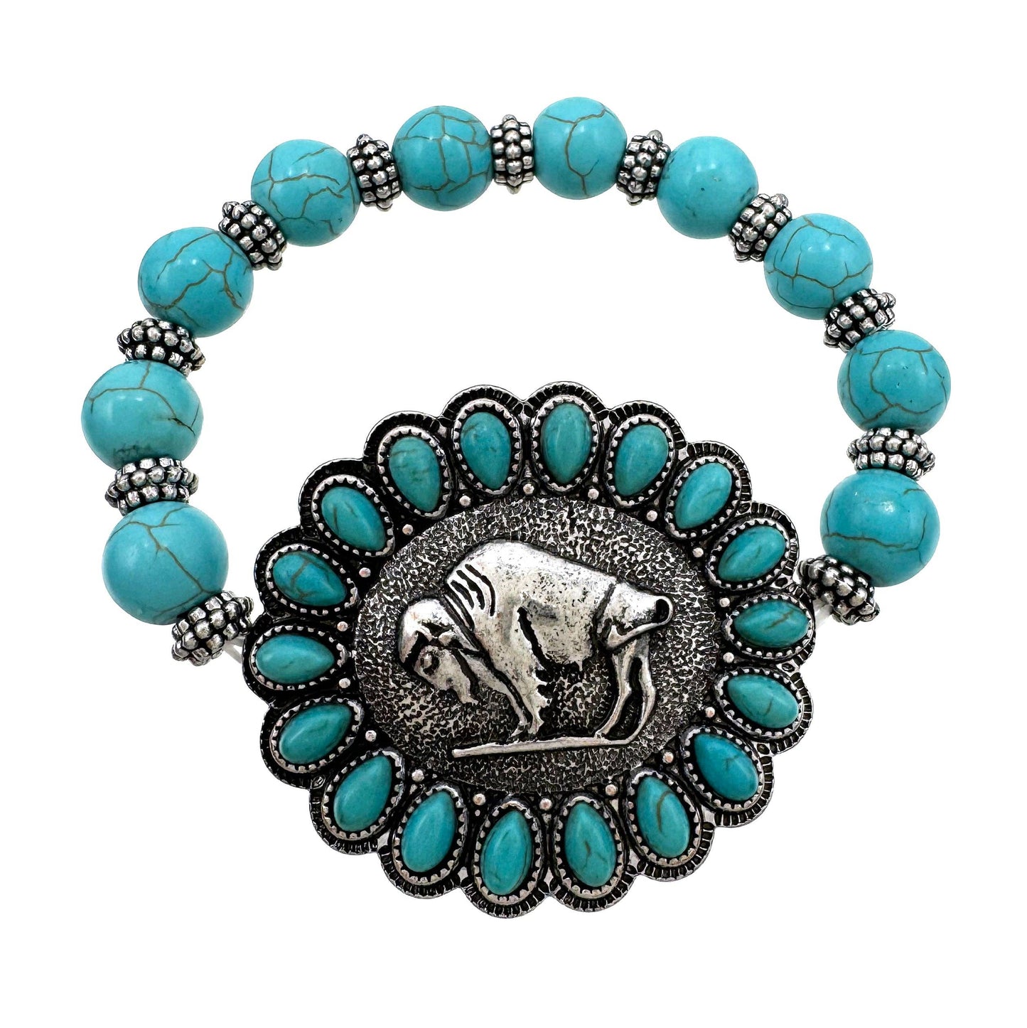Montana Boho/Western Spirit Jewerly: Buffalo Icon Turquoise Bead Stretch Bracelet