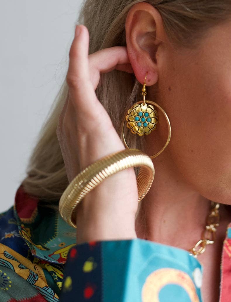 Gold Turquoise Floral Hoop Earring: Montana Boho Western Spirit Jewelr