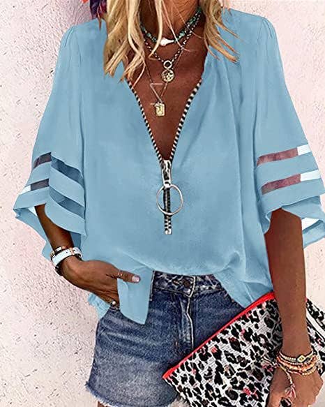 FREE SPIRIT DREAMER Series: V-Neck Zipper Shirt Half-Flared Sleeve