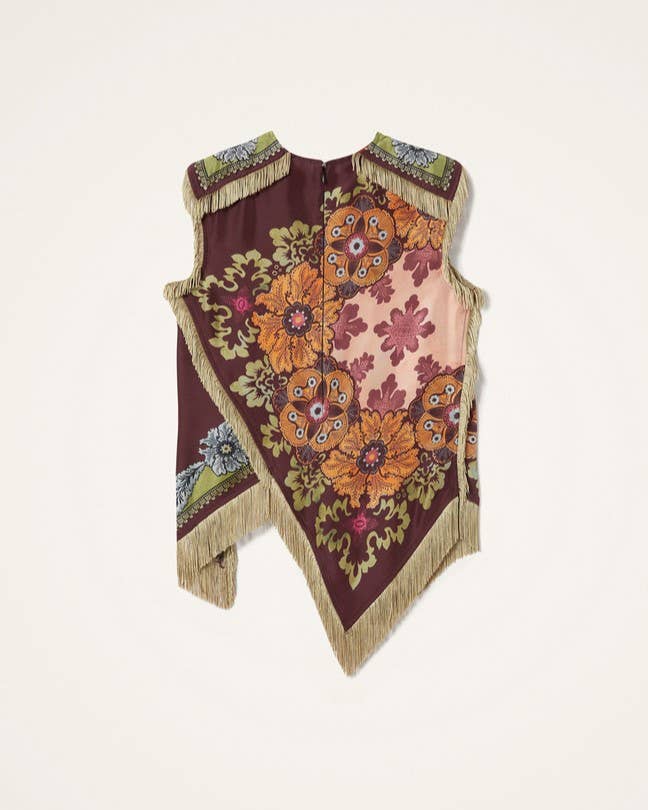 Boho Floral Print Asymmetric Tassel Trim Scarf Top