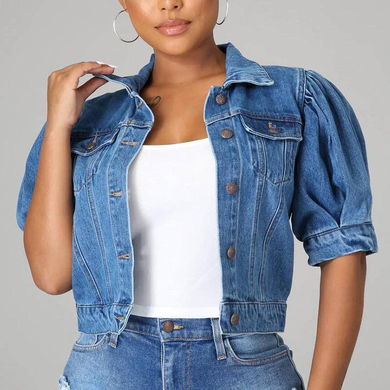 Be A Show-Stopper: Casual Sweet Short Puff Sleeve Crop Denim Jacket