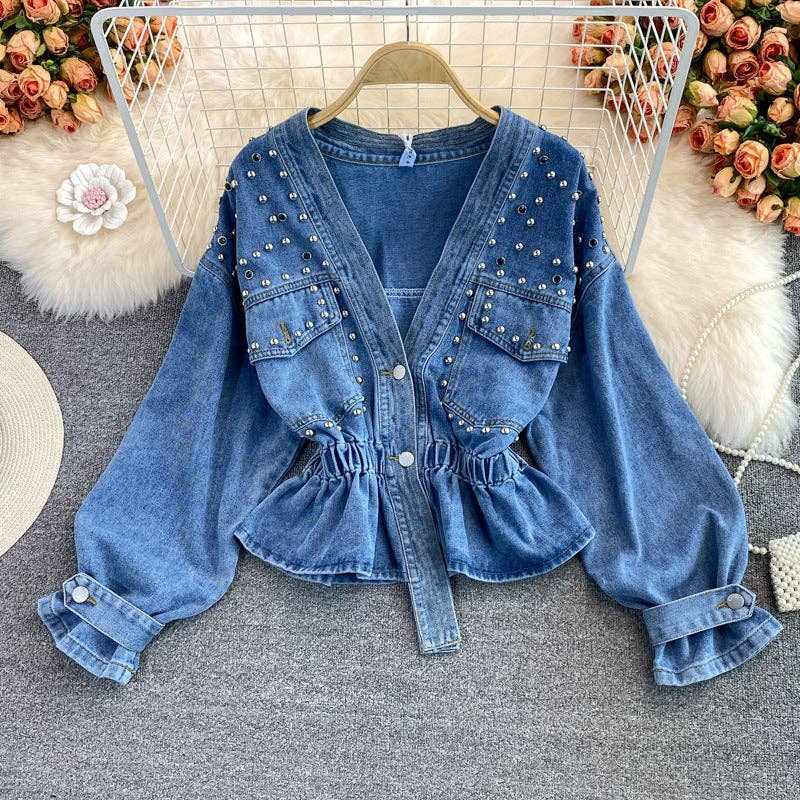Free Poeple Loving Style:  Fashion Beaded V-Neck Long Sleeve Denim Jacket