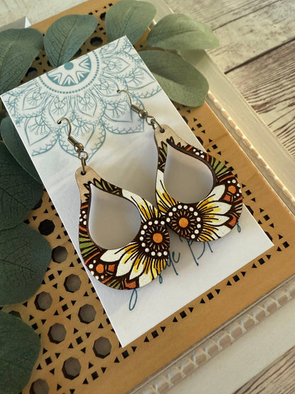 Boho Hand painted SUNFLOWER maple wood hoop earrings: Montana Boho Western Spirit Jewelry: 