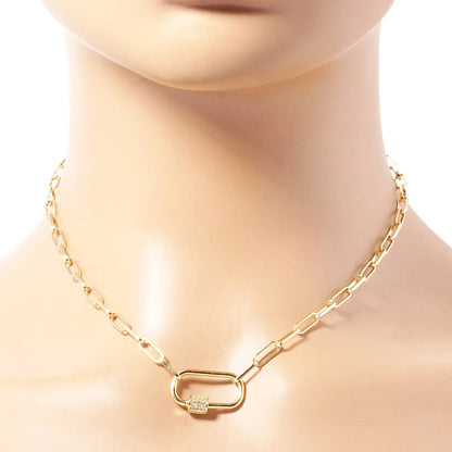 Gold Dipped CZ Carabiner Pendant Paperclip Chain Necklace