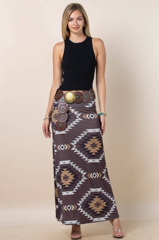 Montana Boho Western Spirit Fashion:  AZTEC PRINT A-LINE KNIT FULL SKIRT
