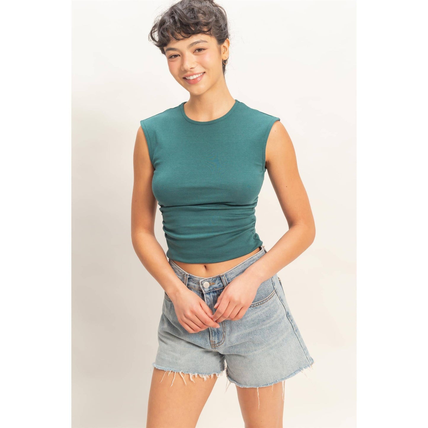 Ruched Waist Cap Sleeve Top
