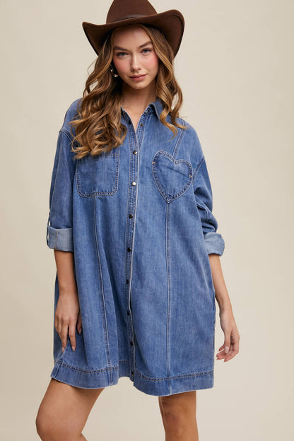 Denim Heart-Pocket Shirt Dress—Montana Boho Western Spirit Fashion: