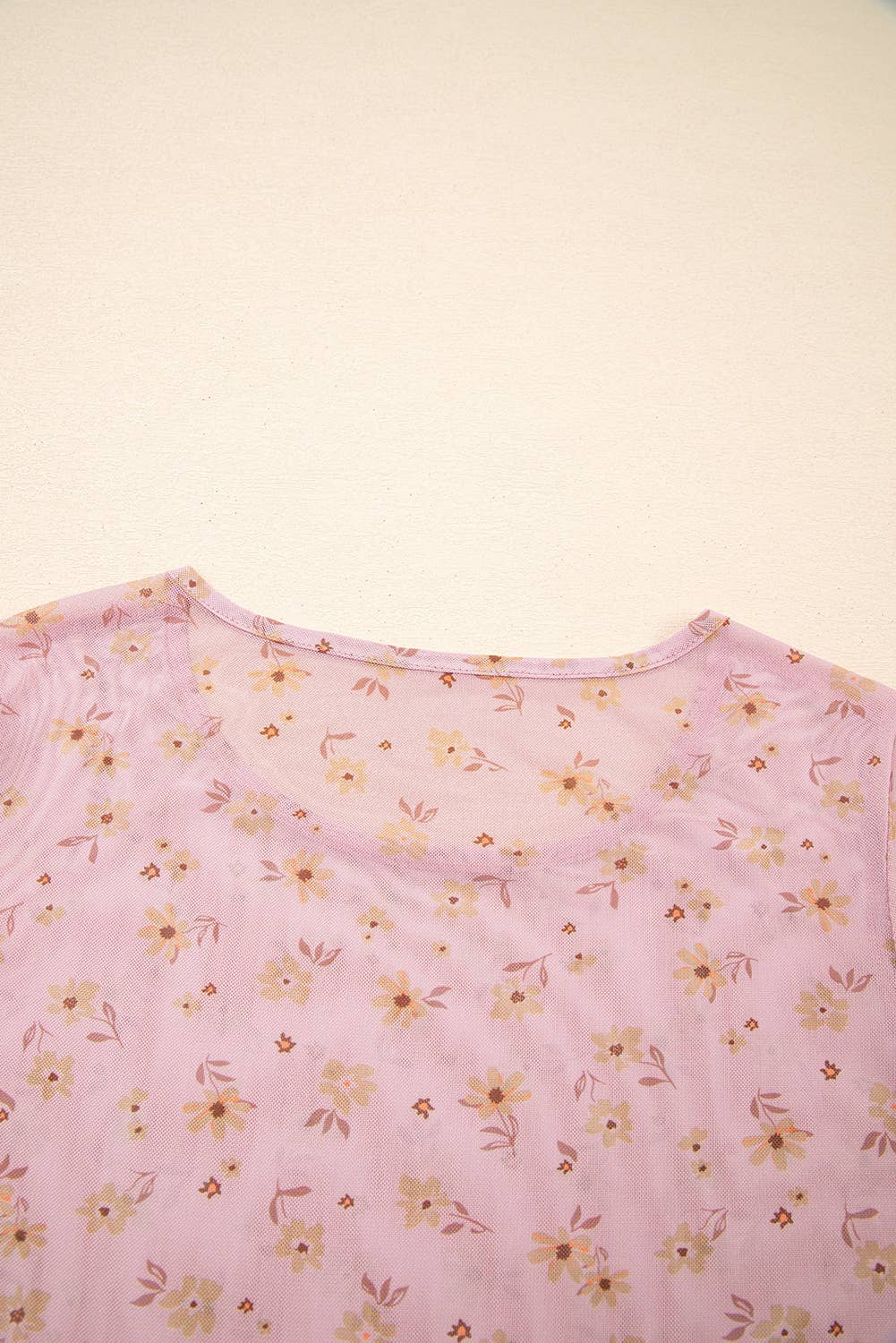Montana Boho/Western Essentials: Vintage Floral Print Southern Style Mesh Long Sleeve Top