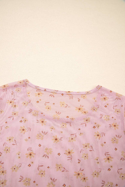 Montana Boho/Western Essentials: Vintage Floral Print Southern Style Mesh Long Sleeve Top