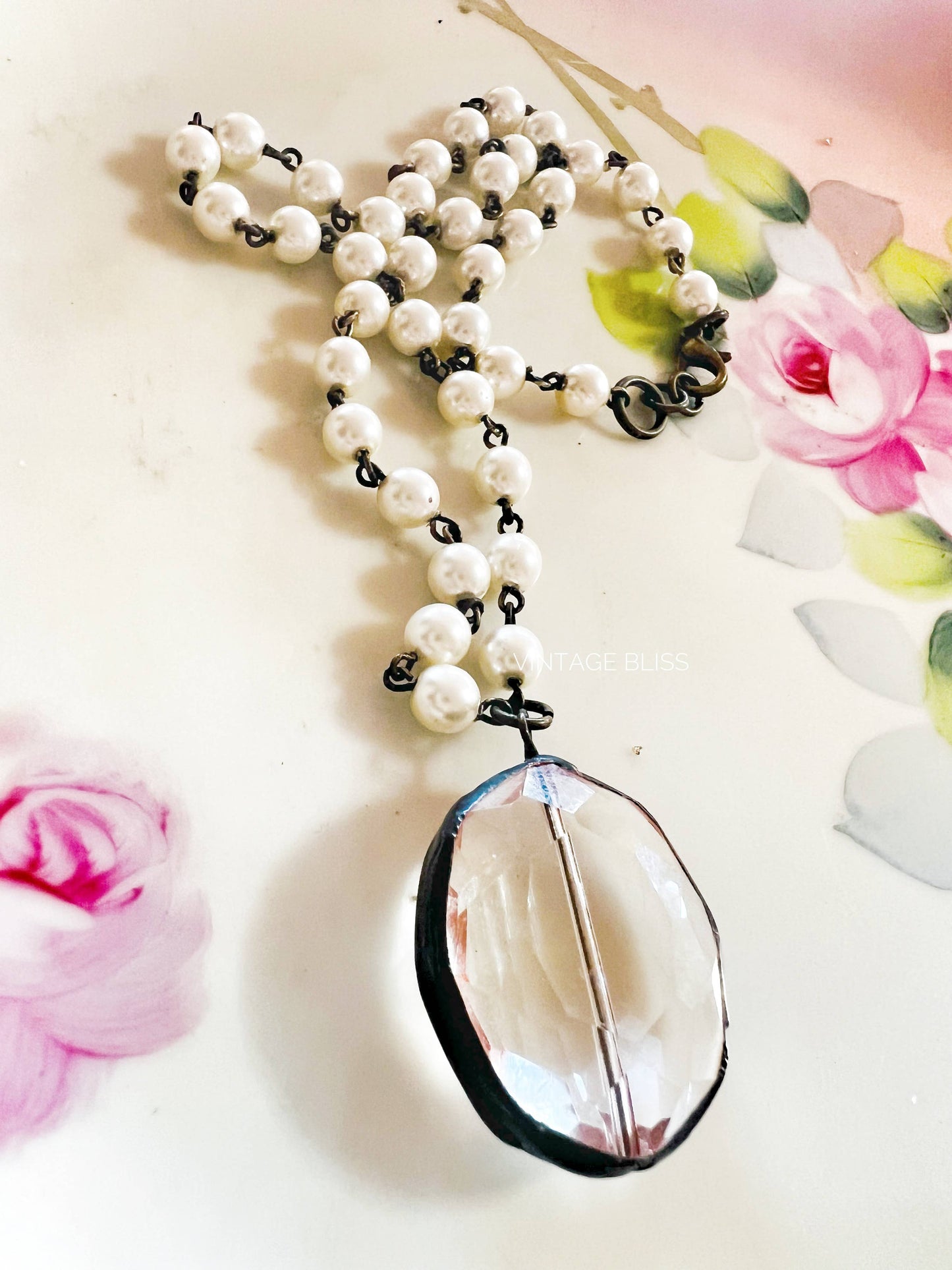 Soldered Crystal Drop Pearl Beaded Chain Necklace: Montana Boho Western Spirit Jewelry
