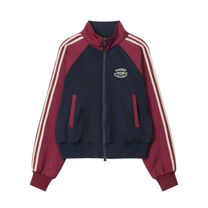 Color Block Striped Short Jacket With Stand Collar (Creme & Black)