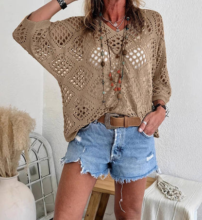Bohemian Hollow Batwing Sleeve Crochet Poncho Top