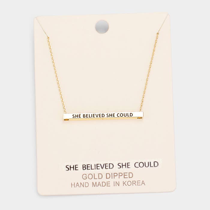 'She Believed She Could' Horizontal Metal Bar Pendant Necklace: Montana Boho Western Spirit Jewelry