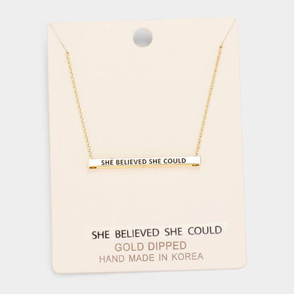 'She Believed She Could' Horizontal Metal Bar Pendant Necklace: Montana Boho Western Spirit Jewelry
