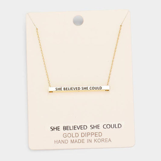 'She Believed She Could' Horizontal Metal Bar Pendant Necklace: Montana Boho Western Spirit Jewelry