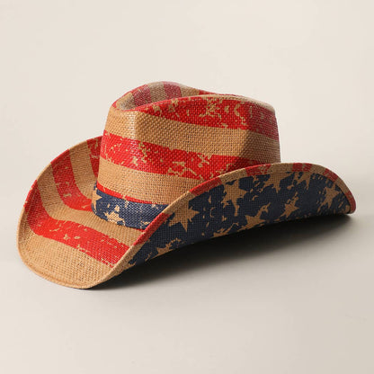 Vintage Americana Stars Stripes Straw Cowboy Hat (Red Theme)