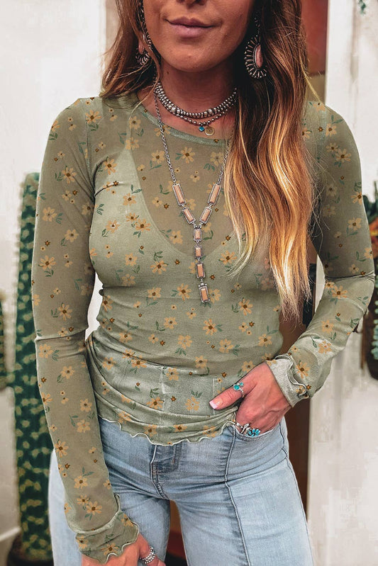 Montana Boho/Western Essentials: Vintage Floral Print Southern Style Mesh Long Sleeve Top