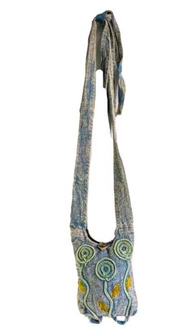 Cotton Crossbody Bag Tie Top with 3 Hand Woven Flowers Blue
