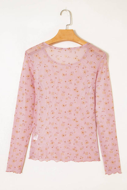 Montana Boho/Western Essentials: Vintage Floral Print Southern Style Mesh Long Sleeve Top