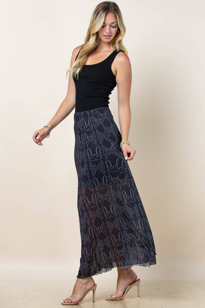 Montana Boho/Western Spirit Fashion:-REESE BOOTSTITCH PRINT A-LINE LINED MESH SKIRT