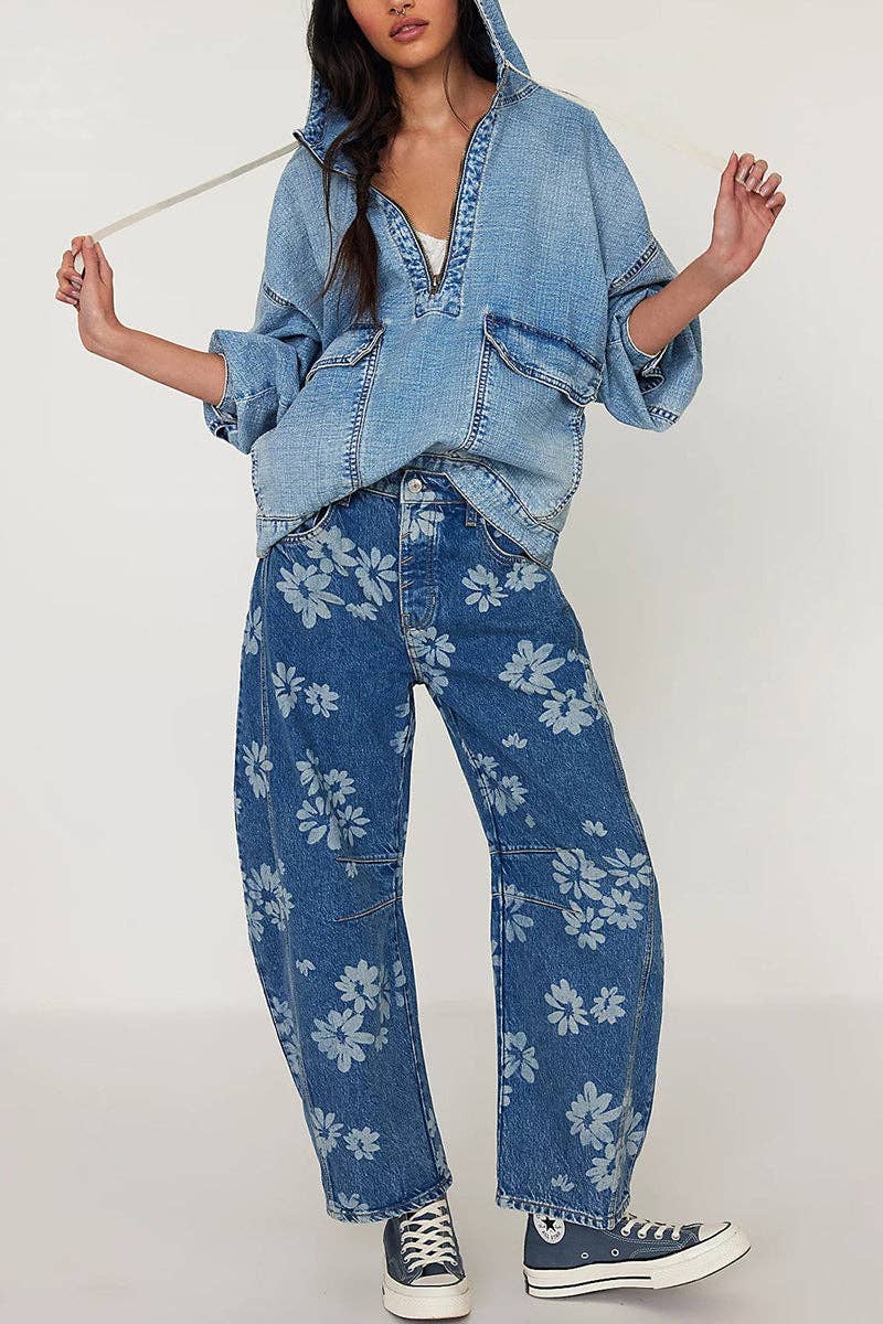 Montana Boho Western Spirit Fashion: Oversized Pullover Denim Hoodie